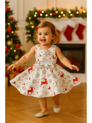 Бебешка коледна рокля клош в бяло със снежинки и еленчета