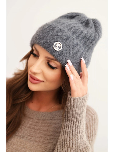 Kesi Women's winter hat made of fluffy knit with an elegant button dark gray