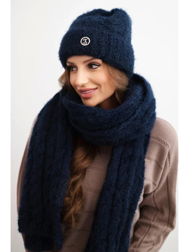 Kesi Women's set hat and scarf ribbed with decoration navy blue