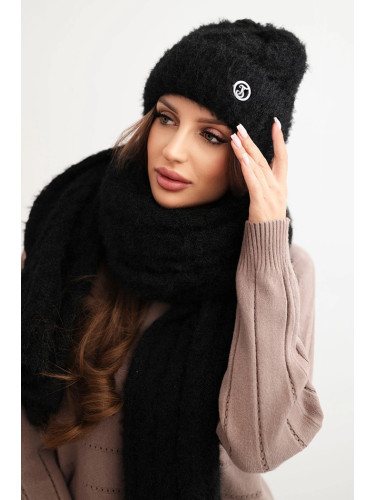 Kesi Women's set hat and scarf with ribbed texture and decoration black