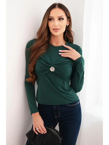 Kesi Włoski Women's fitted viscose blouse with draping and a brooch dark green