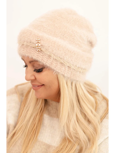Kesi Women's winter fluffy hat with pearls and decorative weave beige