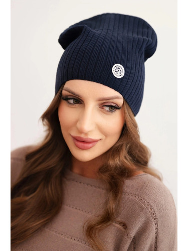Kesi Women's ribbed hat with a decorative button made of wool and modal navy blue