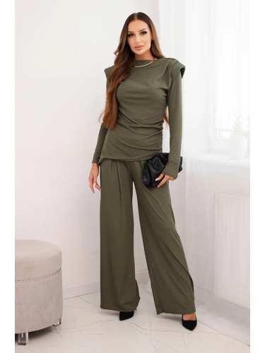 Kesi Włoski Women's cotton set with a blouse and wide-leg pants khaki