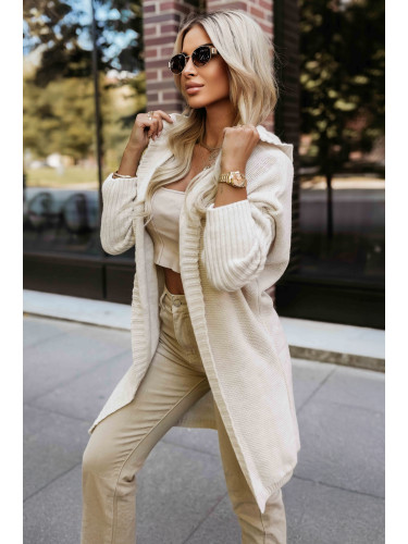 629-1 Comfortable oversized cardigan with a hood and a stylish patch - beige