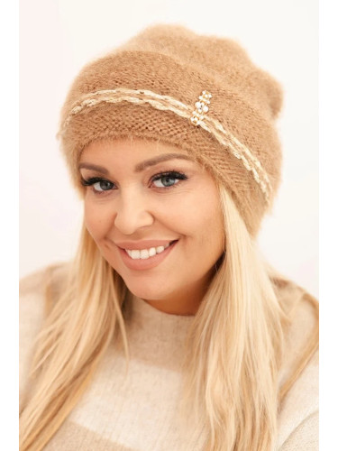 Kesi Women's winter fluffy hat with pearls and decorative weave camel