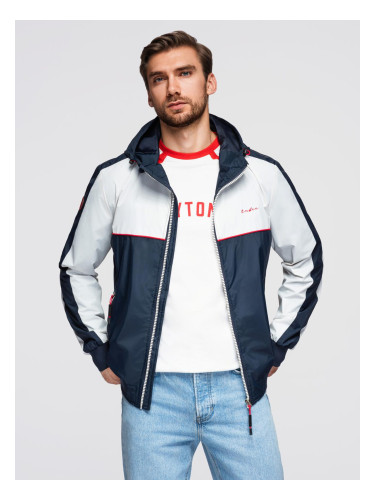 Ombre Men's contrast windbreaker jacket with hood - navy blue and white