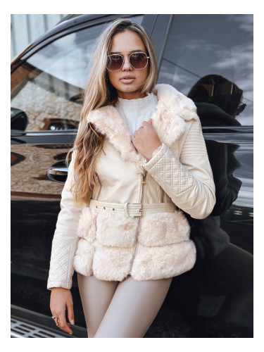 Дамско кремаво кожено яке с косъм