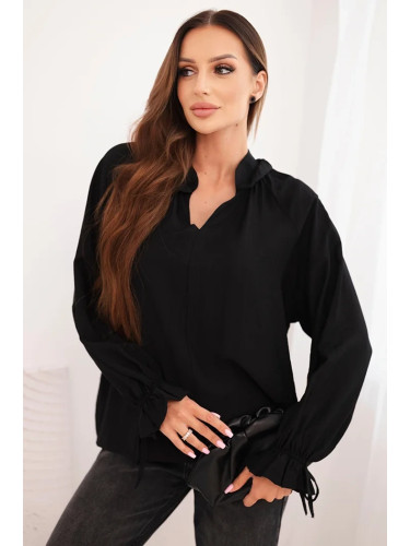 Kesi Włoski Women's viscose blouse with a V-neck and tie at the sleeves black