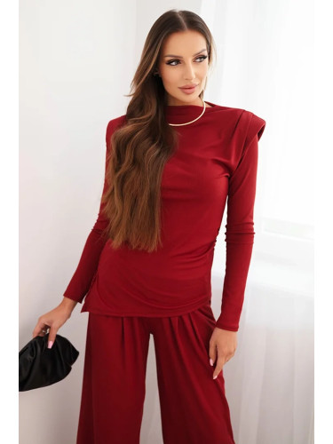 Kesi Włoski Women's cotton set with a blouse and wide-leg pants maroon