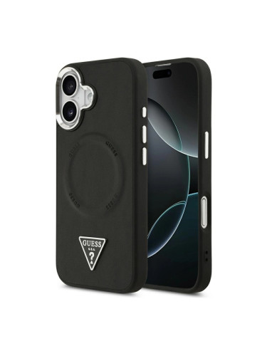 Оригинален кейс Guess Leather Triangle Metal Logo, За iPhone 17 (6.3), Черен