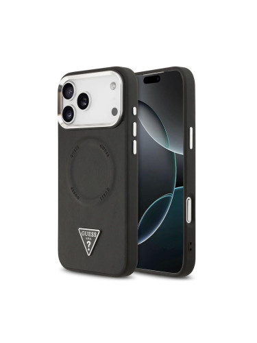 Оригинален кейс Guess Leather Triangle Metal Logo, За iPhone 17 Pro (6.3), Черен