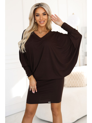 402-9 Comfortable batwing dress with long sleeves - chocolate