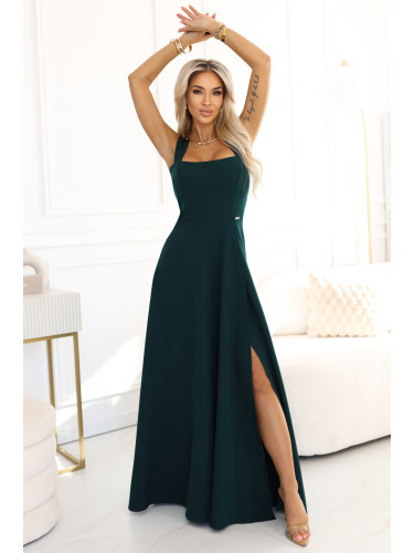633-2 AURELIA long dress with a leg slit and a diamond neckline - bottle green