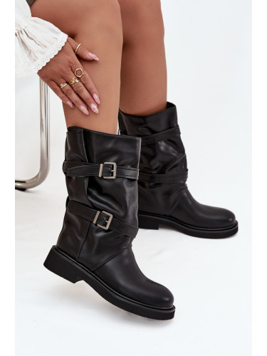 Boto Морщени дамски боти до средата на прасците с ремъци и куки Черни Halvessa