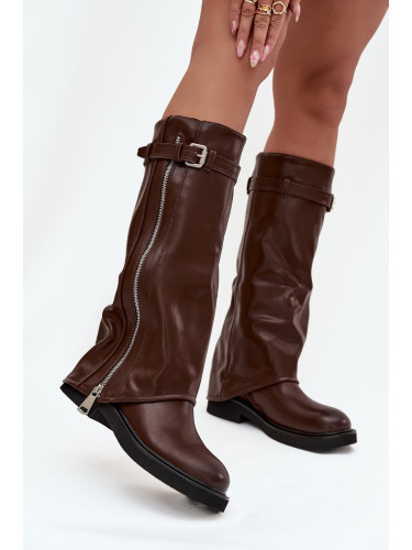 Boto Дамски пристягащи ботуши с обърната горна част с метална закопчалка и сребърен цип Топли кафяви Бреса