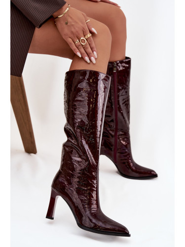 Кожени лачени дамски ботуши на ток с подплата D&A