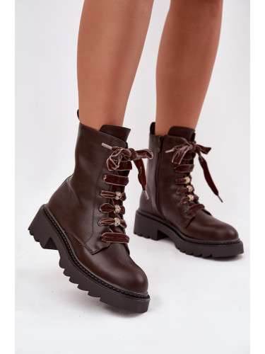 Boto Отопляеми дамски боти с декоративно връзване шоколадови Елидра