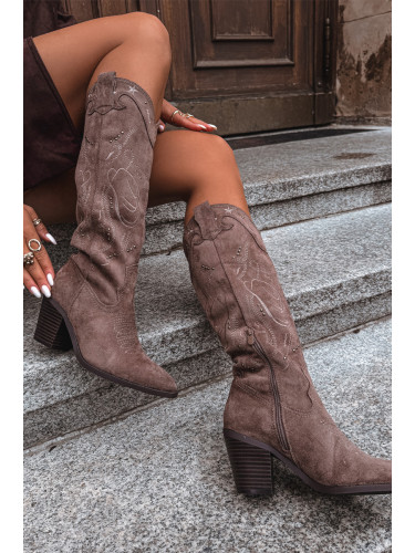 Boto Дамски каубойски ботуши на ток Еко велур каки Coretta