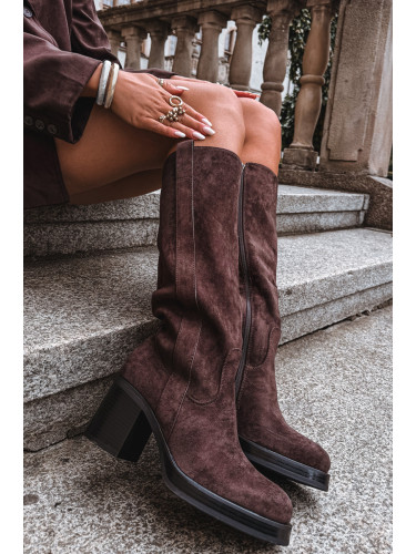 Boto Дамски ботуши с подплата на дебел ток шоколадови Sanelle