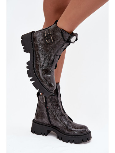 Кожени лачени дамски боти с украшение подплатени Artiker