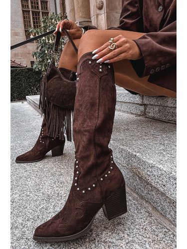 Boto Дамски Кожени Ботуши Ковбойки С Декорация На Стълб Чоколадови Darella