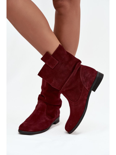 Кожени велурени дамски боти с набраздяване топли Zazoo 4210 бордо