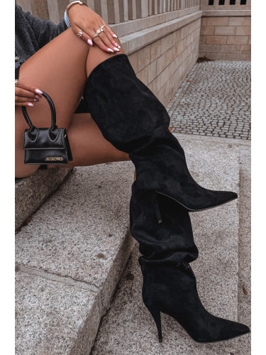 Boto Плъзгащи се дамски ботуши на ток с еко велур черни Noretta