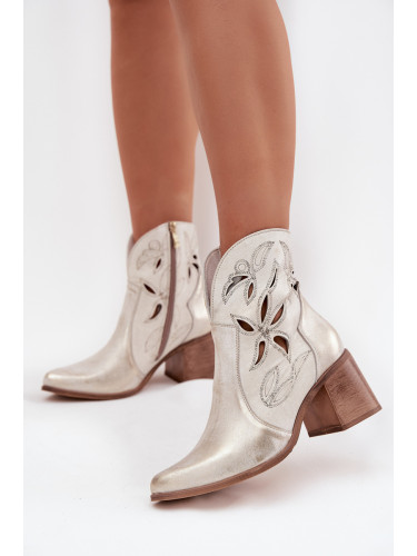 Дамски боти с отворена мрежа от естествена кожа на ток Zazoo 3690 златен прашен