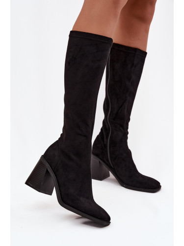 Boto Дамски ботуши с масивен ток Еко велурени черни Traven