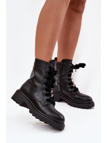 Boto Отопляеми дамски боти с украса шнуровка черни Елидра