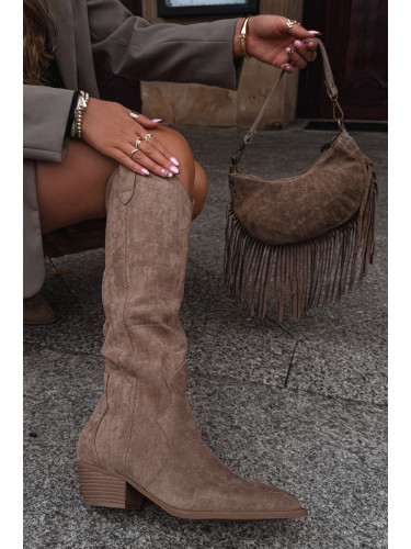 Boto Еко Замшови Козки Ковбойки Дамски На Висока Ток Бежови Jenaya