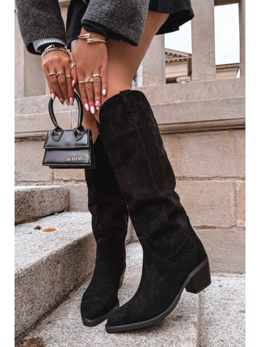 Boto Кожени Ботуши Дамски Ковбойки На Ток От Еко Замша Черни Esmira