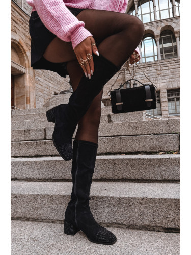 Boto Дамски ботуши с украшение на блок еко велур Черни Ivanna