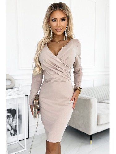 Елегантна рокля с дълги ръкави в бежов цвят 398-3