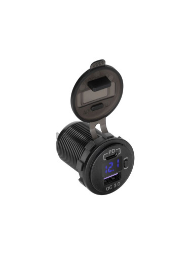 Гнездо зярядно за кола, 12~24VDC, USB + USB-C, LED, волтметър, PY-CHR0006, PEIYING