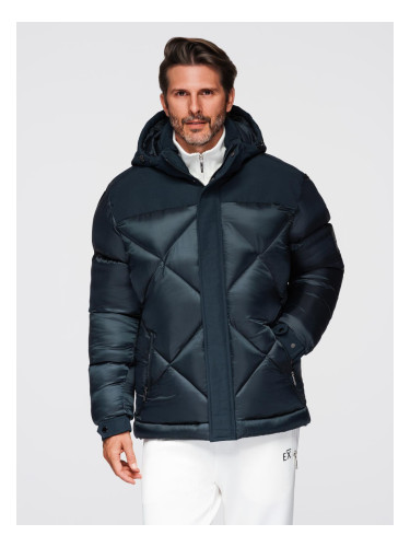 Ombre Men's hooded jacket with geometric diamond quilting - navy blue