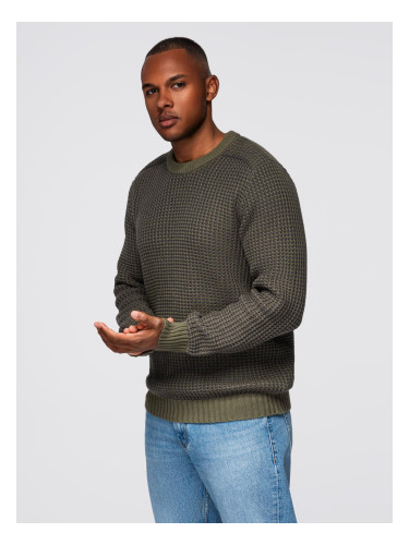 Ombre Men's contrast weave sweater with round neckline - dark olive