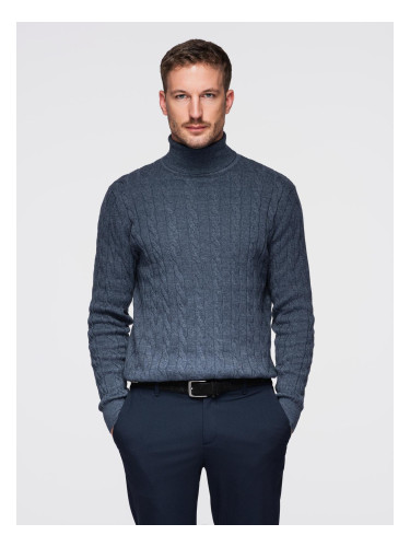 Ombre Men's turtleneck sweater with checkered weave - navy blue
