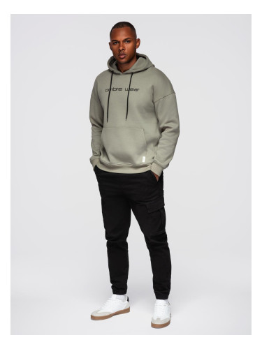 Ombre Men's kangaroo sweatshirt with embroidery and hood - khaki