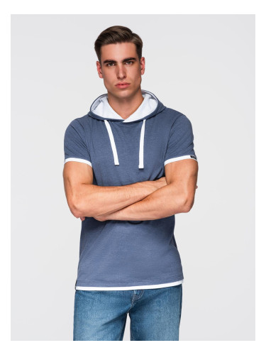 Ombre Men's hooded cotton t-shirt - dark blue melange