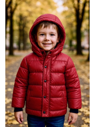 Детско зимно яке с качулка в червено с качулка и джобове