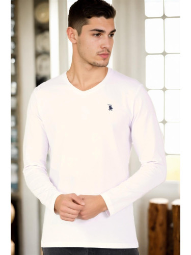 T9587 DEWBERRY V-NECK MEN'S LONG SLEEVE T-SHIRT-WHITE