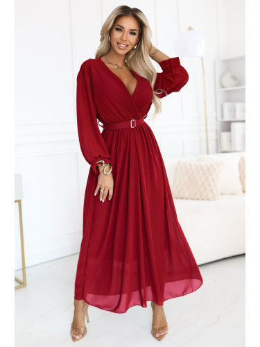 639-1 Elegant pleated maxi dress with a belt and a wrap neckline - burgundy