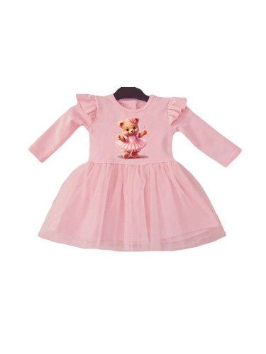 Детска рокля с дълъг ръкав в розово с тюл и картинка на мече