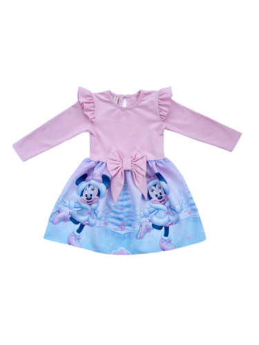 Детска рокля в розово на Мини Маус с дълъг ръкав с къдрички и панделка