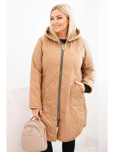 Kesi Włoski Women's Plus Size winter quilted jacket with a hood camel