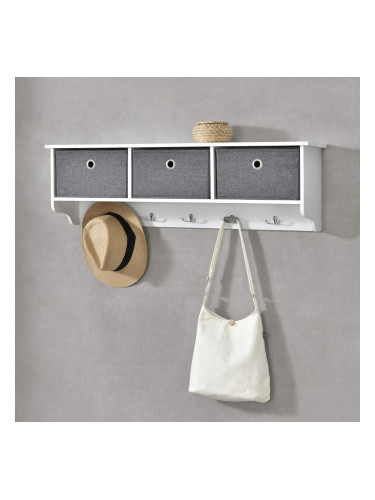 Стенна закачалка Horsensя, размери 100x20x30 см с 3 кутии за съхранение с 5 куки. Куки за портманта.  Закачалка за портманта макс. 15 кг, цвят Бяло/Сиво