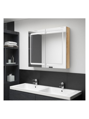 Sonata H LED шкаф с огледало за баня, бяло и дъб, 80x12x68 см