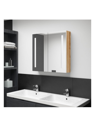 Sonata H LED шкаф с огледало за баня, бяло и цвят дъб, 62x14x60 см
